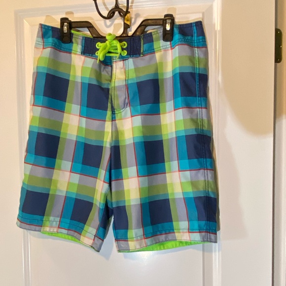 Hollister Other - Hollister Boardshorts Swim Trunks Men's Size Large Blue Neon Green Plaid Unlined